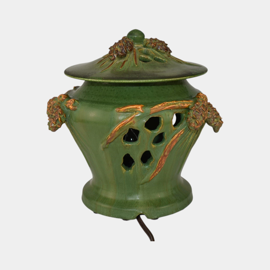 Ephraim Faience Hand Made Pottery Green Reticulated Pine Electric Lantern Lamp
