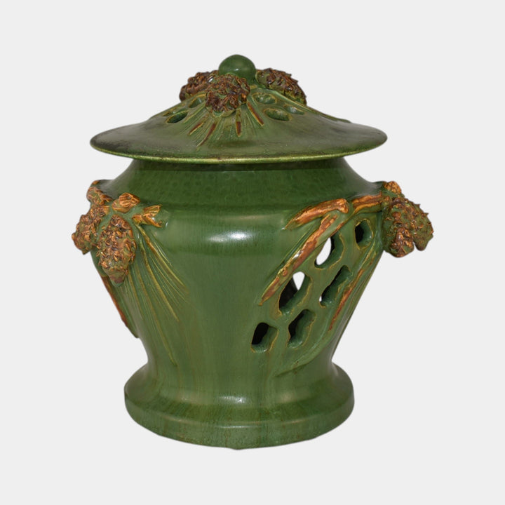 Ephraim Faience Hand Made Pottery Green Reticulated Pine Electric Lantern Lamp