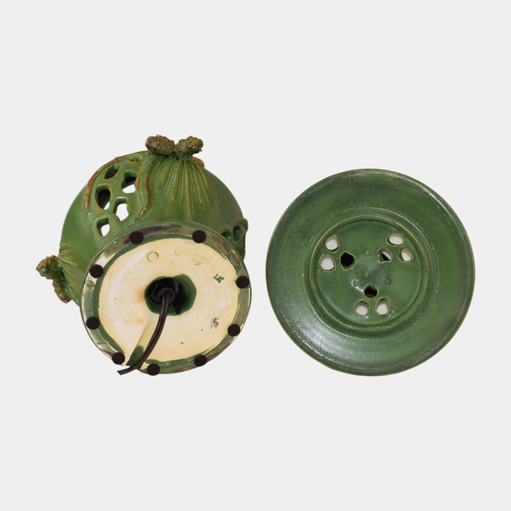 Ephraim Faience Hand Made Pottery Green Reticulated Pine Electric Lantern Lamp