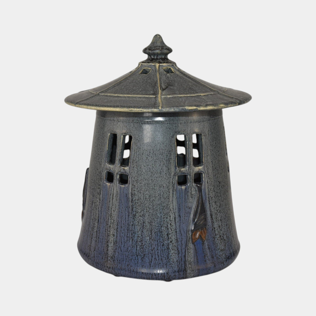 Ephraim Faience Hand Made Pottery Blue Midnight Bat Electric Lantern Lamp - Just Art Pottery