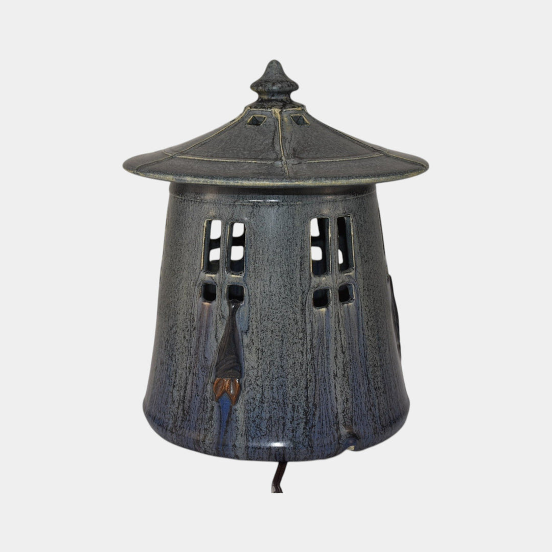 Ephraim Faience Hand Made Pottery Blue Midnight Bat Electric Lantern Lamp - Just Art Pottery