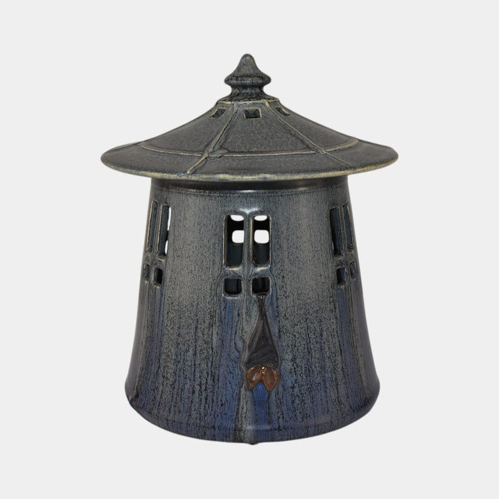 Ephraim Faience Hand Made Pottery Blue Midnight Bat Electric Lantern Lamp - Just Art Pottery