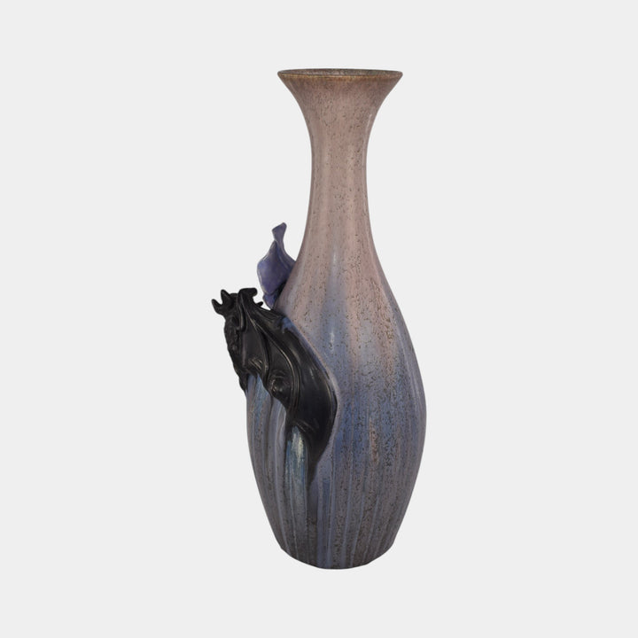 Ephraim Faience Hand Made Pottery Purple Blue Bat and Hibiscus Vase