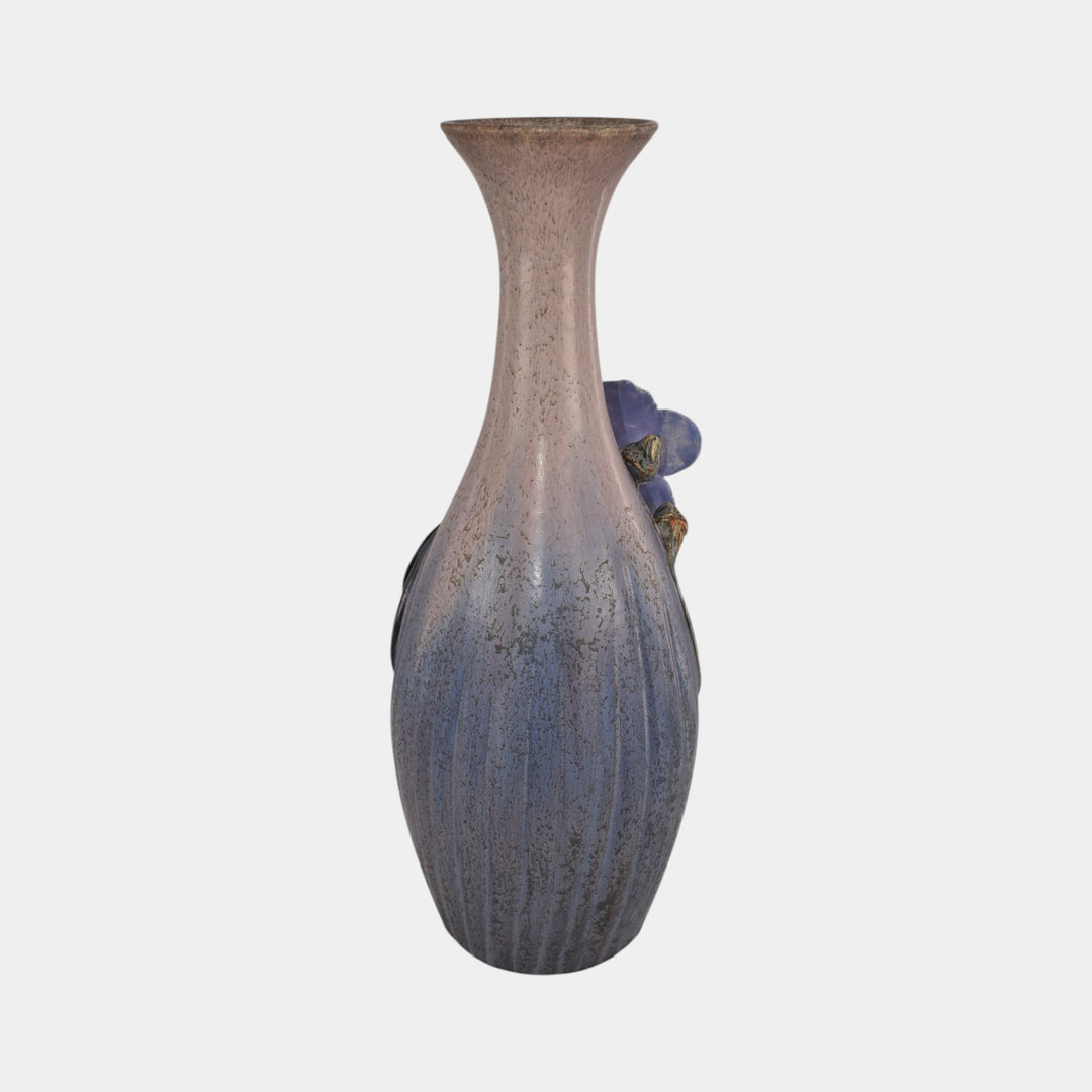 Ephraim Faience Hand Made Pottery Purple Blue Bat and Hibiscus Vase
