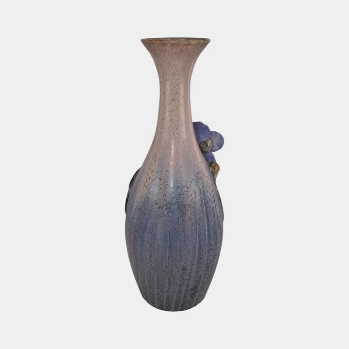 Ephraim Faience Hand Made Pottery Purple Blue Bat and Hibiscus Vase