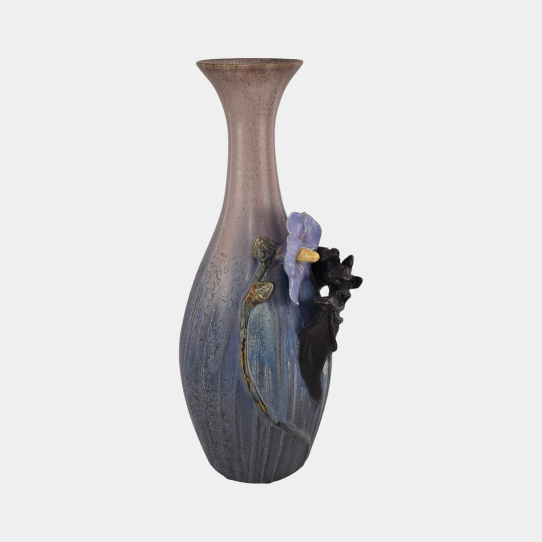 Ephraim Faience Hand Made Pottery Purple Blue Bat and Hibiscus Vase