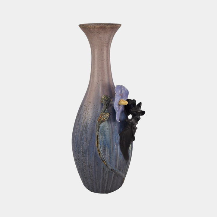 Ephraim Faience Hand Made Pottery Purple Blue Bat and Hibiscus Vase