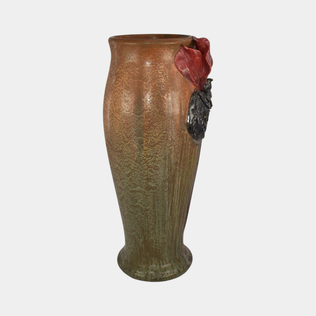 Ephraim Faience 2021 Experimental Hand Made Pottery Brown Bat And Peony Vase - Just Art Pottery