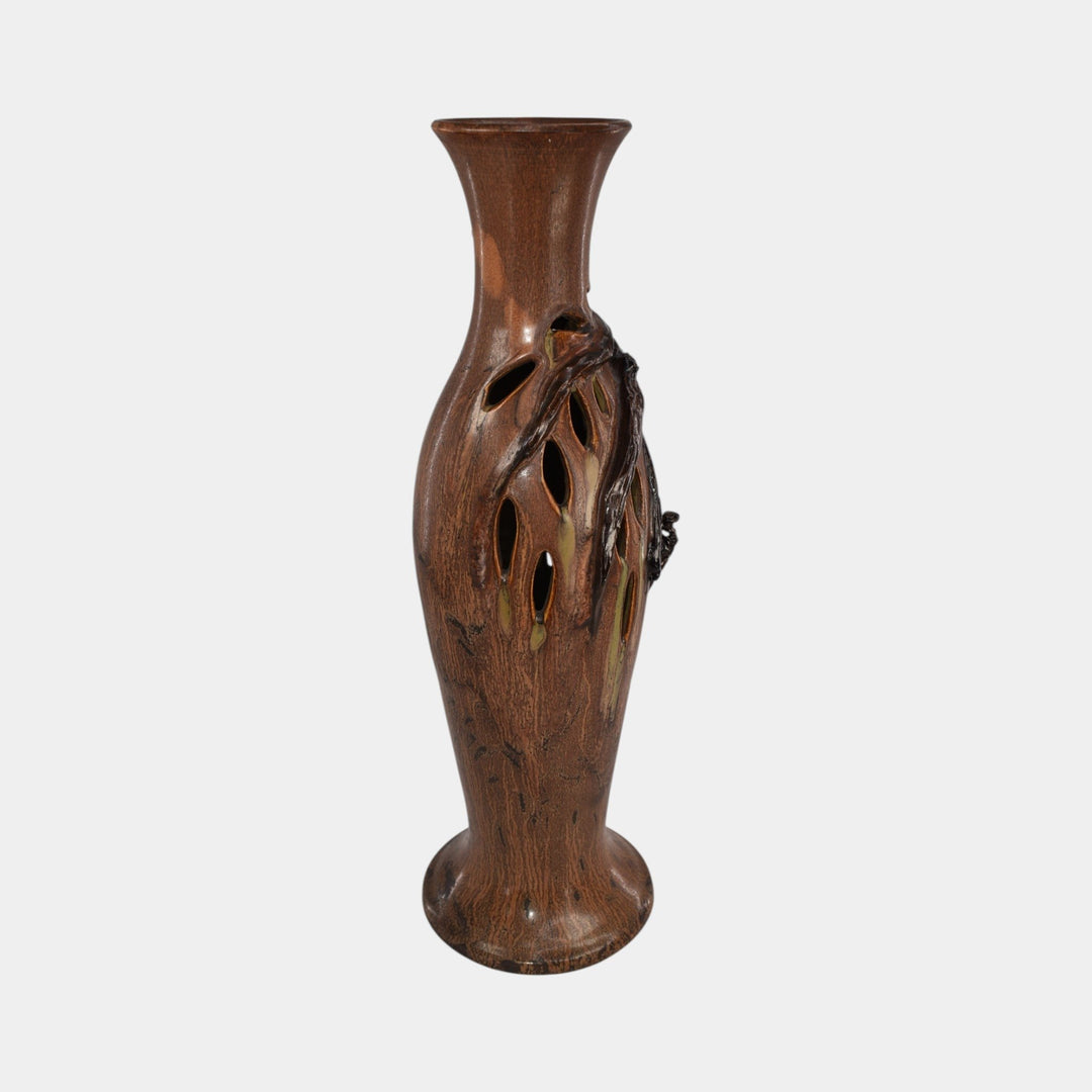 Ephraim Faience 2022 Experimental Pottery Brown Tall Reticulated Bat Vase - Just Art Pottery