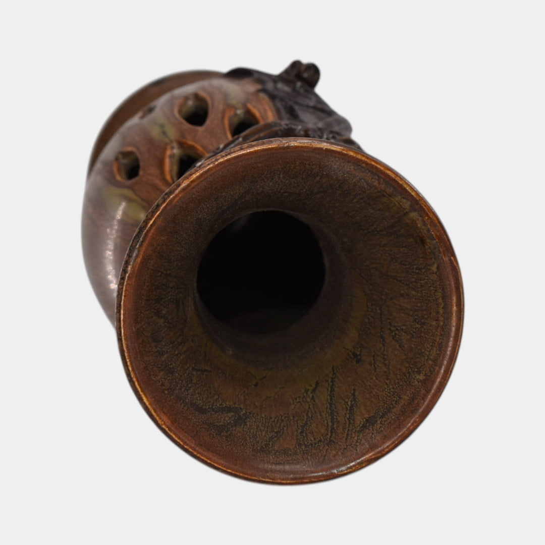 Ephraim Faience 2022 Experimental Pottery Brown Tall Reticulated Bat Vase - Just Art Pottery