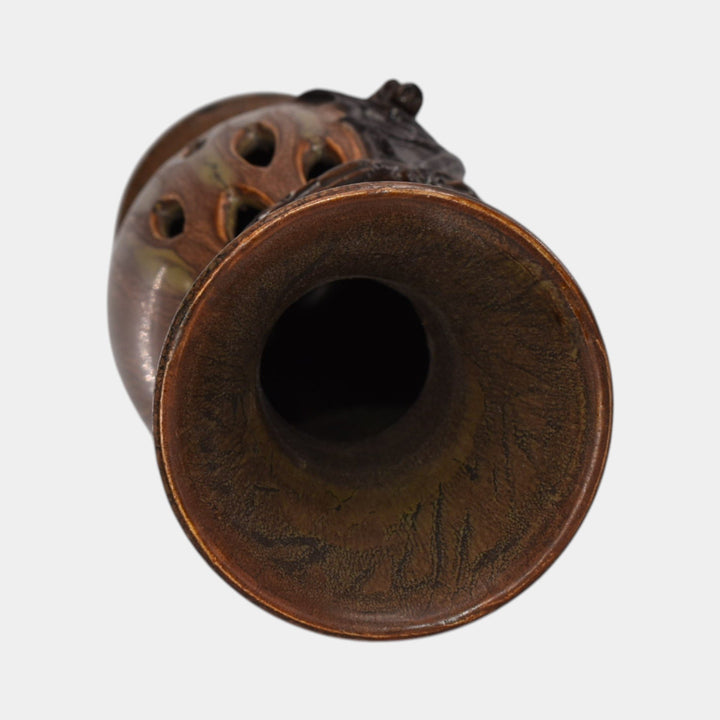 Ephraim Faience 2022 Experimental Pottery Brown Tall Reticulated Bat Vase - Just Art Pottery