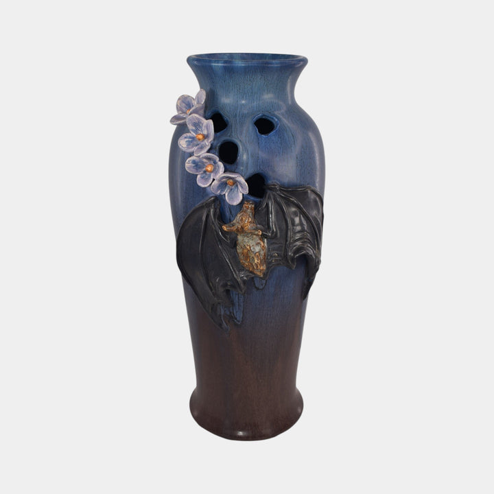 Ephraim Faience 2021 Pottery Blue Floral Bat Sweet Dreams Tall Vase - Just Art Pottery