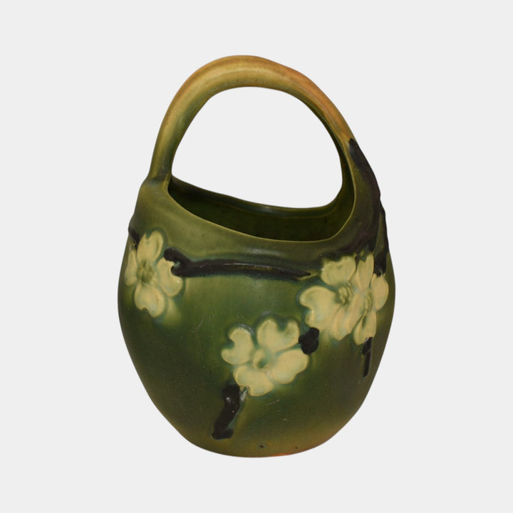 Roseville Dogwood Smooth Green 1920 Vintage Art Pottery Ceramic Bulbous Basket - Just Art Pottery