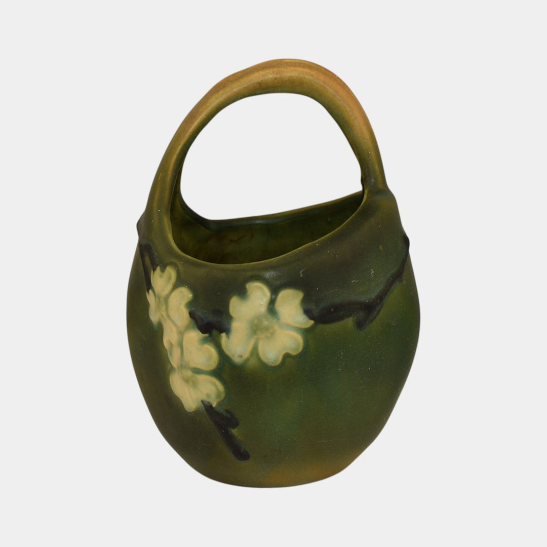 Roseville Dogwood Smooth Green 1920 Vintage Art Pottery Ceramic Bulbous Basket - Just Art Pottery