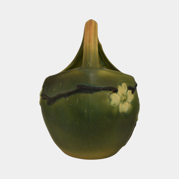 Roseville Dogwood Smooth Green 1920 Vintage Art Pottery Ceramic Bulbous Basket - Just Art Pottery