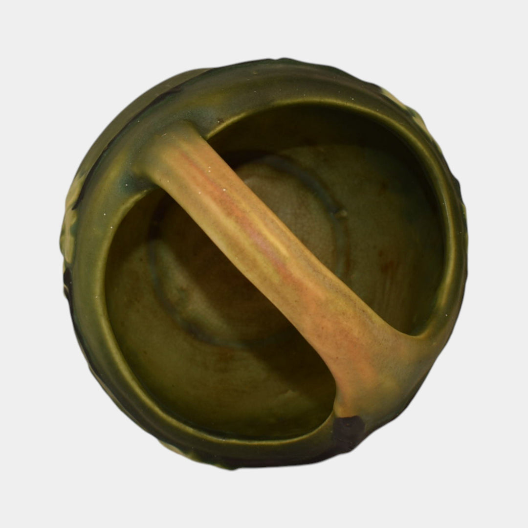 Roseville Dogwood Smooth Green 1920 Vintage Art Pottery Ceramic Bulbous Basket - Just Art Pottery