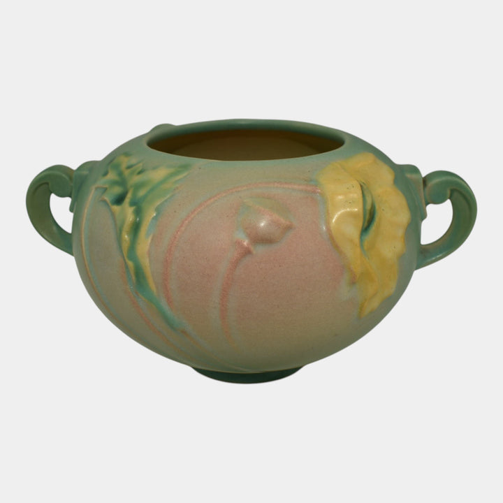 Roseville Poppy Green 1938 Vintage Art Deco Pottery Ceramic Bowl Vase 334-4 - Just Art Pottery