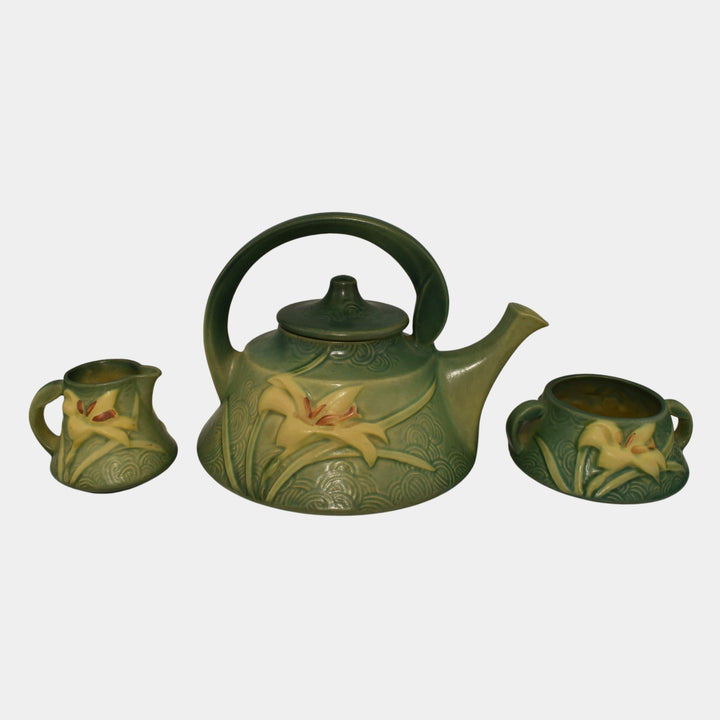 Roseville Zephyr Lily Green 1946 Art Pottery Teapot Sugar Bowl Creamer Tea Set 7 - Just Art Pottery