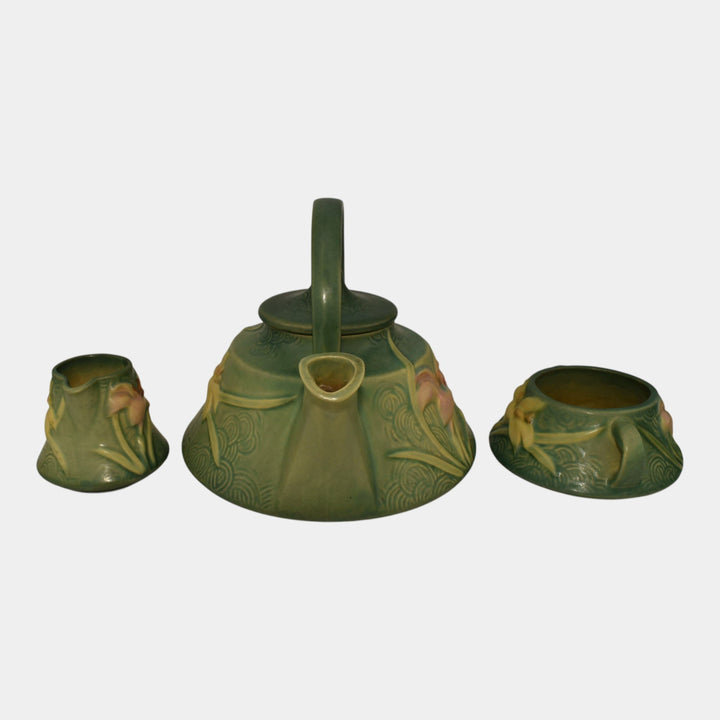 Roseville Zephyr Lily Green 1946 Art Pottery Teapot Sugar Bowl Creamer Tea Set 7 - Just Art Pottery