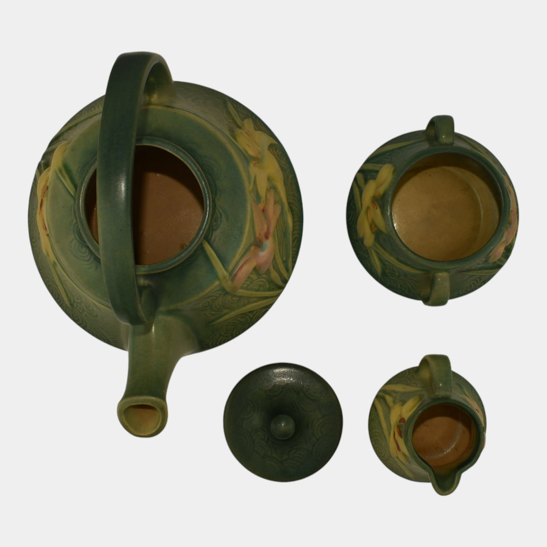 Roseville Zephyr Lily Green 1946 Art Pottery Teapot Sugar Bowl Creamer Tea Set 7 - Just Art Pottery