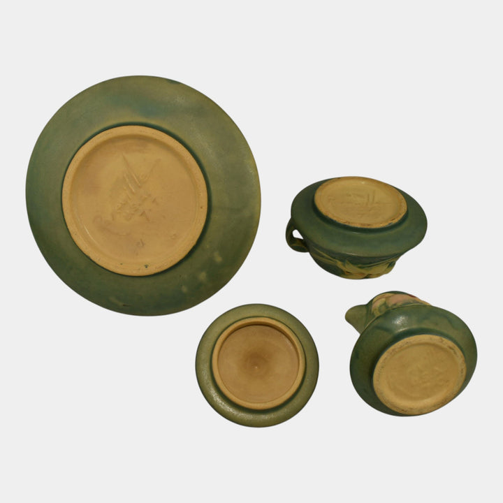 Roseville Zephyr Lily Green 1946 Art Pottery Teapot Sugar Bowl Creamer Tea Set 7 - Just Art Pottery