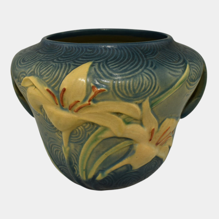 Roseville Zephyr Lily Blue 1946 Vintage Art Pottery Handled Bowl Vase 471-6 - Just Art Pottery