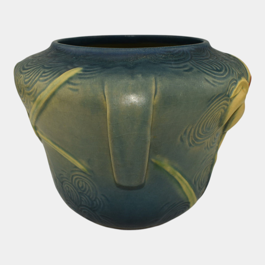 Roseville Zephyr Lily Blue 1946 Vintage Art Pottery Handled Bowl Vase 471-6 - Just Art Pottery