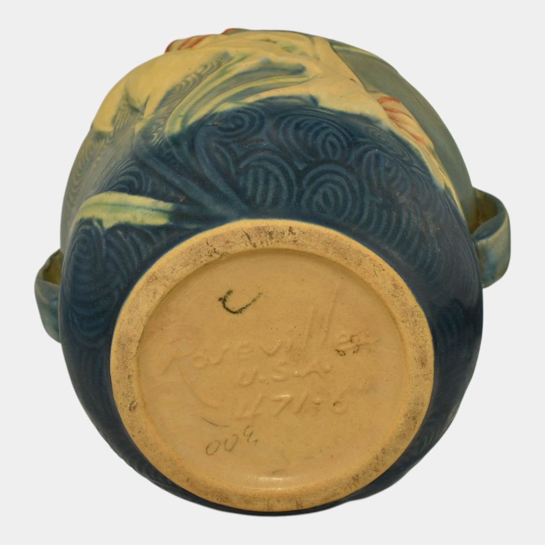 Roseville Zephyr Lily Blue 1946 Vintage Art Pottery Handled Bowl Vase 471-6 - Just Art Pottery