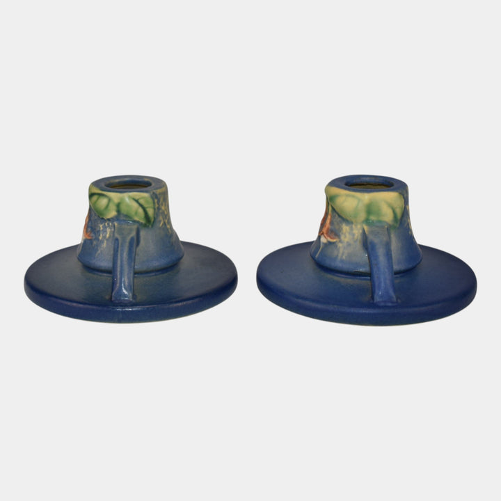 Roseville Fuchsia Blue 1938 Vintage Art Pottery Ceramic Candle Holders 1132 - Just Art Pottery
