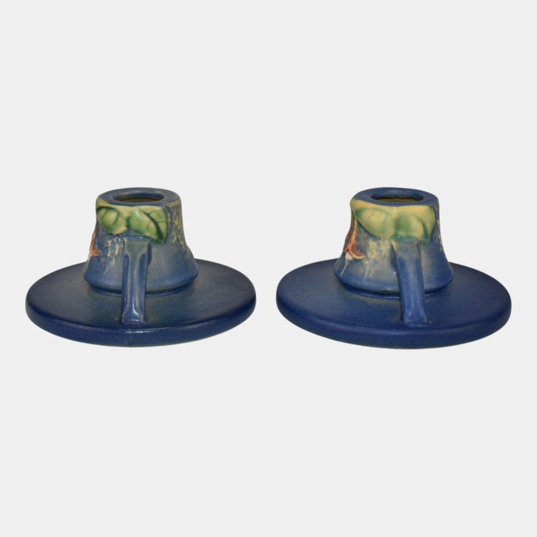 Roseville Fuchsia Blue 1938 Vintage Art Pottery Ceramic Candle Holders 1132 - Just Art Pottery