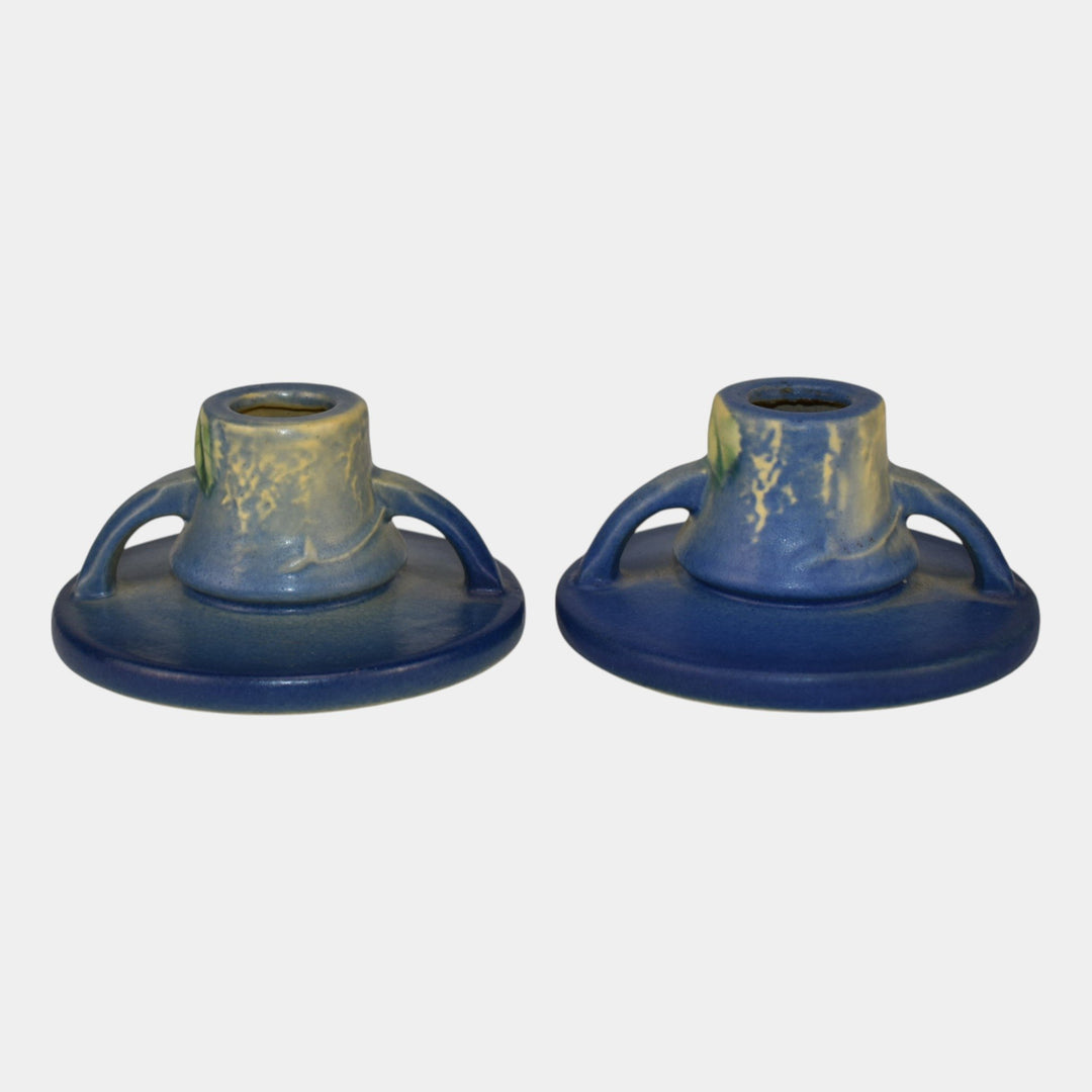 Roseville Fuchsia Blue 1938 Vintage Art Pottery Ceramic Candle Holders 1132 - Just Art Pottery
