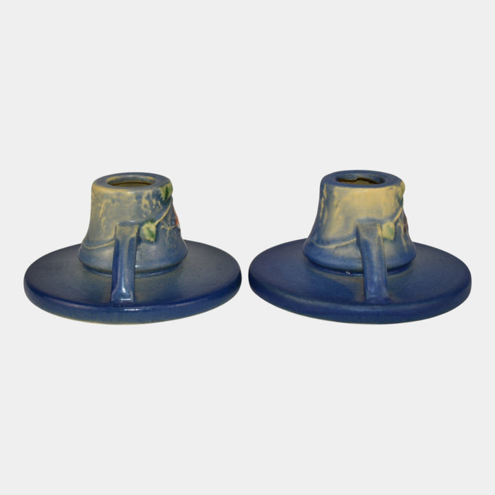 Roseville Fuchsia Blue 1938 Vintage Art Pottery Ceramic Candle Holders 1132 - Just Art Pottery