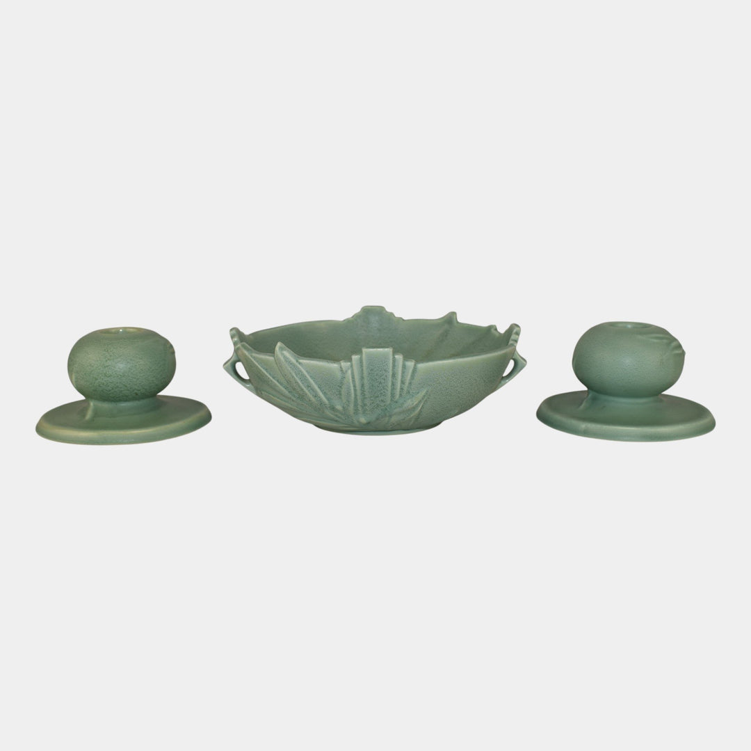 Roseville Crystal Green Velmoss 1937 Vintage Art Bowl 365-6 Candle Holders 1114