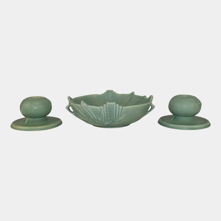 Roseville Crystal Green Velmoss 1937 Vintage Art Bowl 365-6 Candle Holders 1114