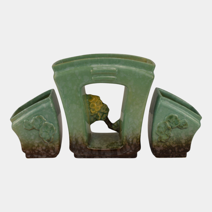 Roseville Artwood Green 1951 Art Pottery Three Piece Planter Set 1051 And 1050