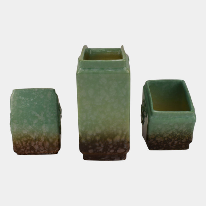 Roseville Artwood Green 1951 Art Pottery Three Piece Planter Set 1051 And 1050