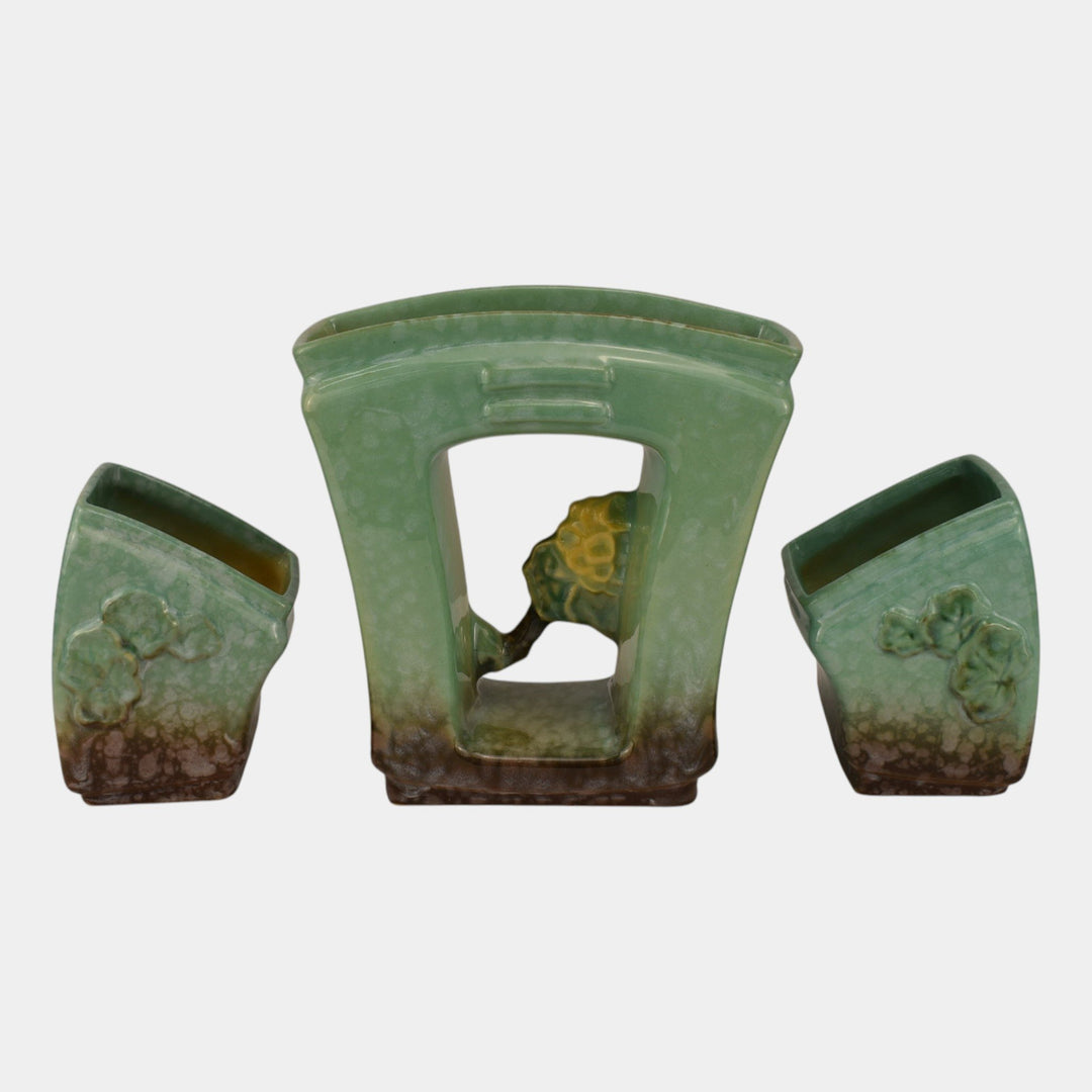 Roseville Artwood Green 1951 Art Pottery Three Piece Planter Set 1051 And 1050