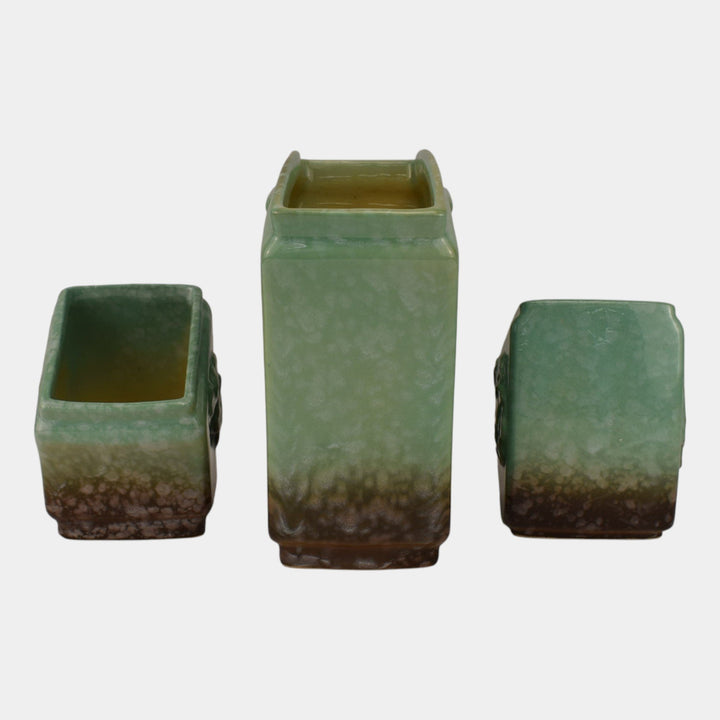 Roseville Artwood Green 1951 Art Pottery Three Piece Planter Set 1051 And 1050