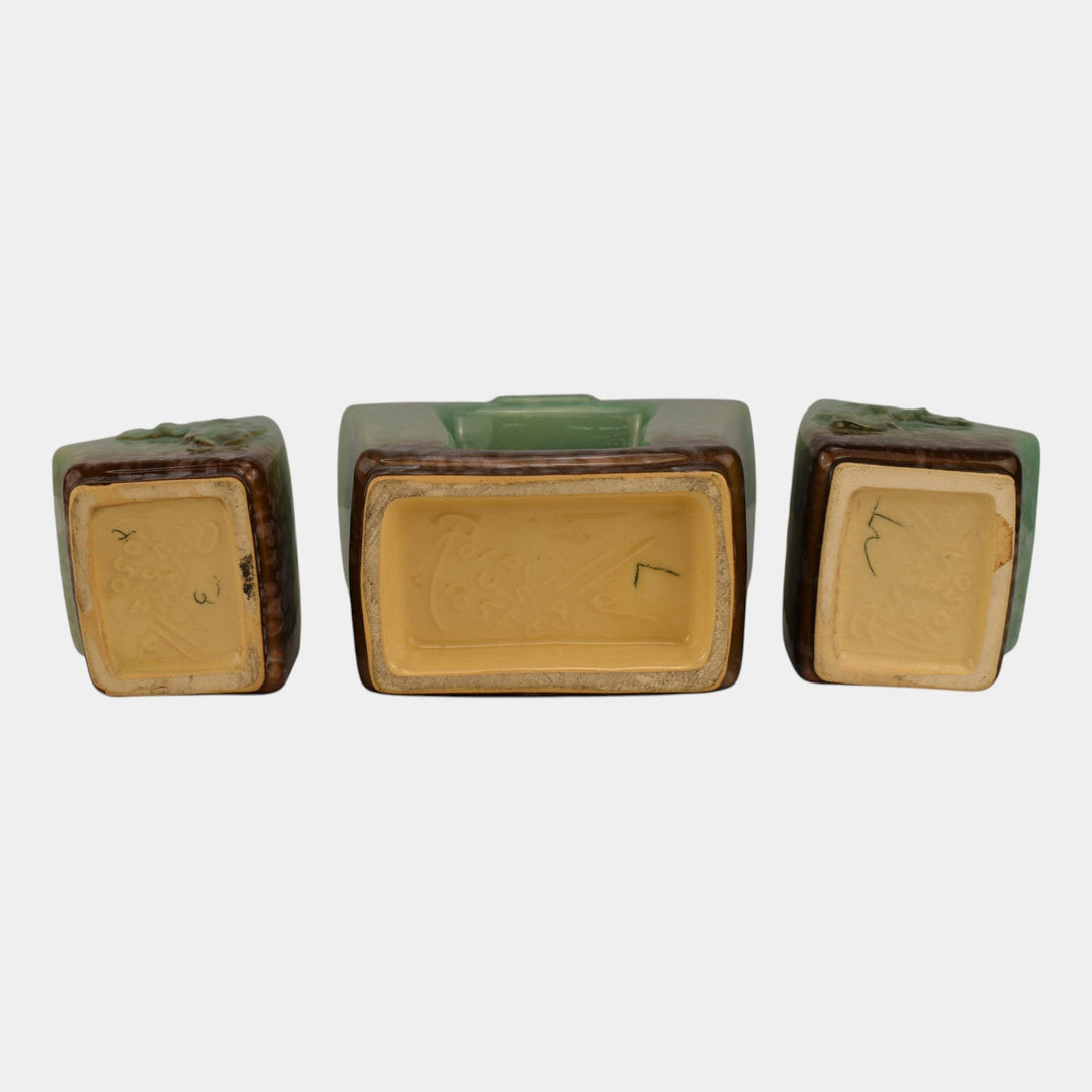 Roseville Artwood Green 1951 Art Pottery Three Piece Planter Set 1051 And 1050