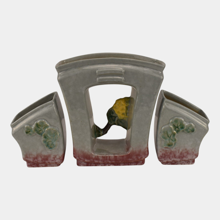 Roseville Artwood Gray 1951 Art Pottery Three Piece Planter Set 1051 And 1050
