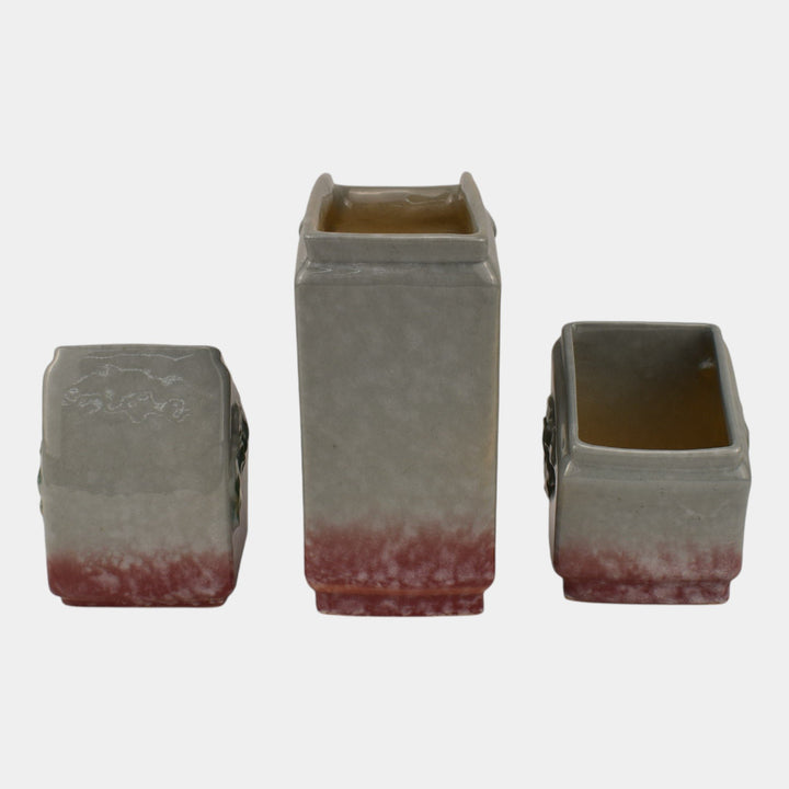 Roseville Artwood Gray 1951 Art Pottery Three Piece Planter Set 1051 And 1050