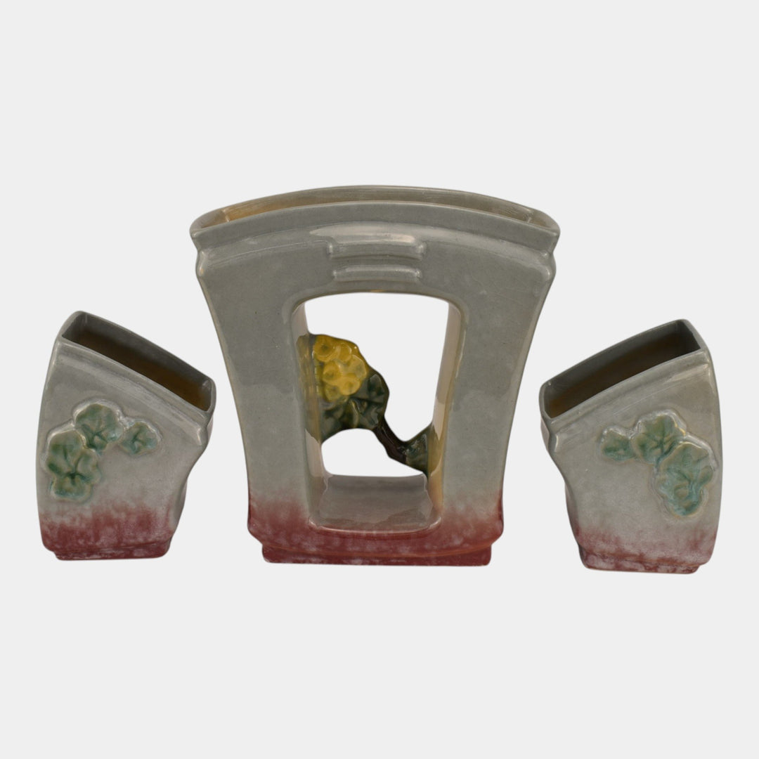 Roseville Artwood Gray 1951 Art Pottery Three Piece Planter Set 1051 And 1050