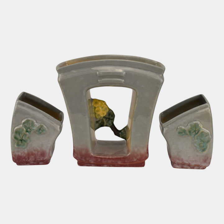 Roseville Artwood Gray 1951 Art Pottery Three Piece Planter Set 1051 And 1050