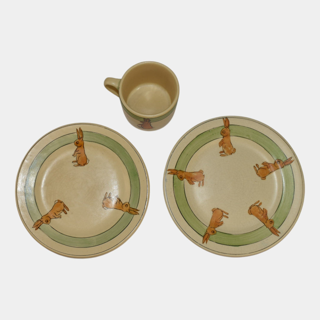 Roseville Juvenile Creamware 1910 Vintage Art Pottery Rabbit Ceramic Mug Plates