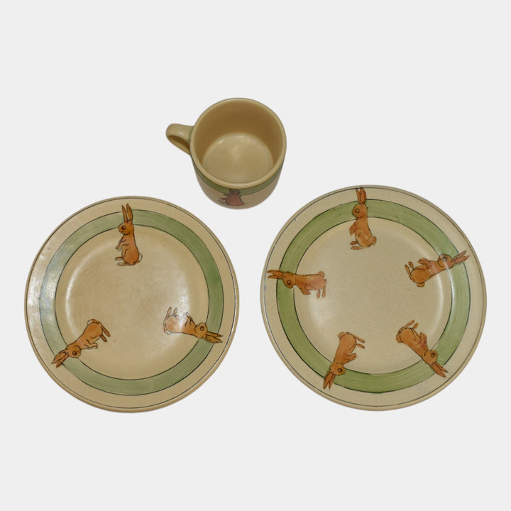 Roseville Juvenile Creamware 1910 Vintage Art Pottery Rabbit Ceramic Mug Plates