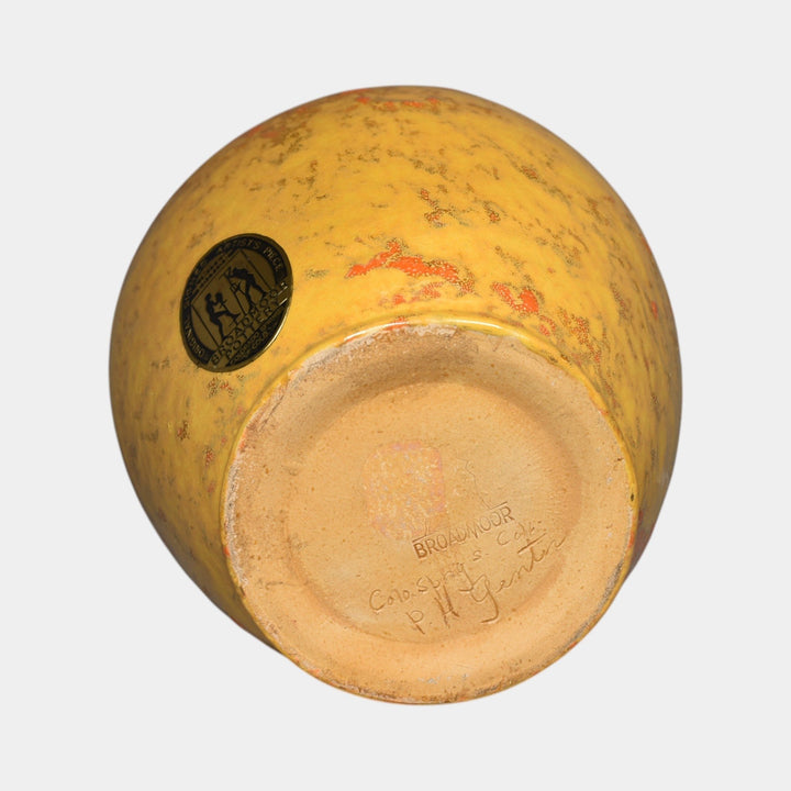 Broadmoor Colorado 1930s Vintage Art Pottery Mottled Yellow Vase PH Genter - Just Art Pottery
