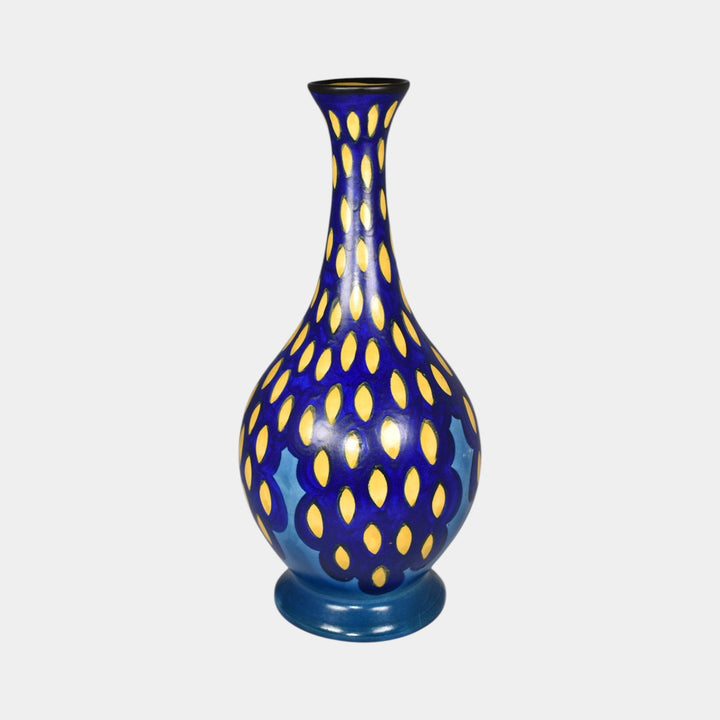 Gouda Holland 1931 Vintage Art Pottery Blue Yellow Patterned Ceramic Vase