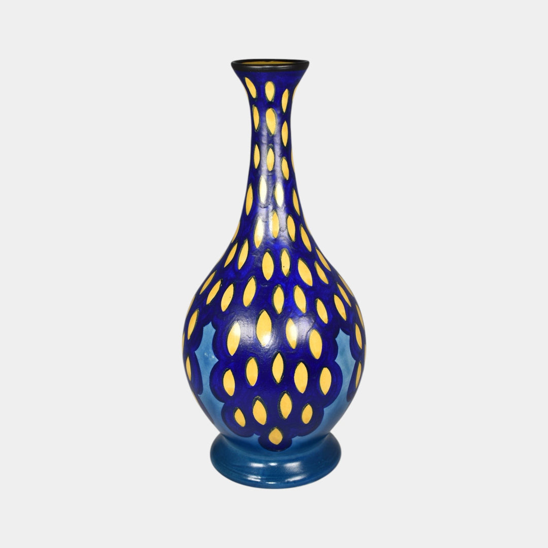 Gouda Holland 1931 Vintage Art Pottery Blue Yellow Patterned Ceramic Vase