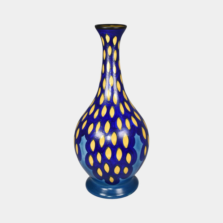Gouda Holland 1931 Vintage Art Pottery Blue Yellow Patterned Ceramic Vase