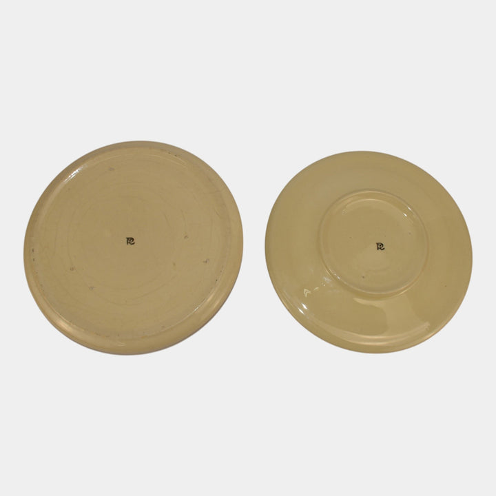 Roseville Juvenile Creamware 1910 Pottery Brown Dog Rolled Edge Plate And Plate